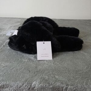 LC Lauren Conrad Women's Faux Fur Slide Slipin Slipper Black Size XL (9 - 10)